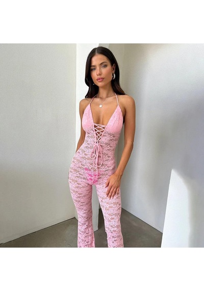 Lace Jumpsuit With Skinny Flared Legs Pink Pembe