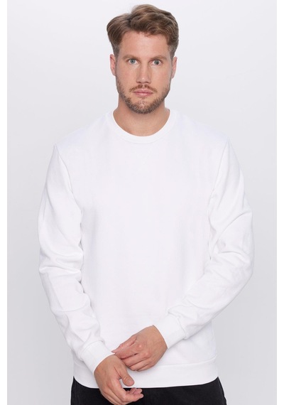 Tudors Unisex Oversize Geniş Kesim %100 Pamuk Basic Beyaz Bisiklet Yaka Sweatshirt-26563 Beyaz