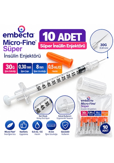 Embecta Micro-fine Süper İnsülin Enjektörü 30g 0,30 Mm X 8 Mm 0,5 Ml 10 Adet