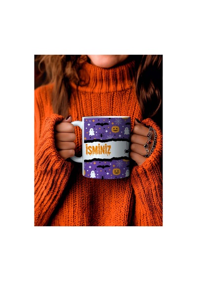 Mor Halloween Konseptli Porselen Çay Kahve Kupası - Kişiselleştirilebilir İsme Özel Kupa Bardak Çok Renkli - 876081515 Çok Renkli - 876081515 Çok Renkli