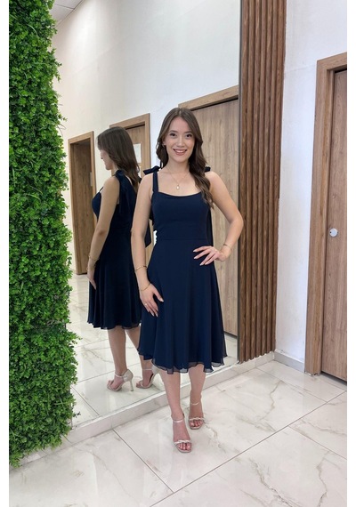By Saygı Kadın Omuzu Bağcıklı Astarlı Kısa Elbise-41305 Lacivert