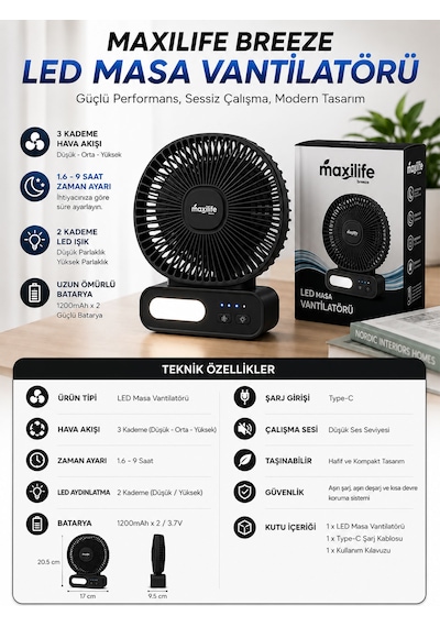 Breeze Mg-5166f 6 İnç Led Işıklı Şarjlı Mini Masa Vantilatörü 3 Kademeli Usb Type-c