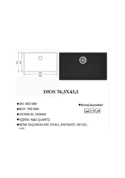 Granit Evye Dıos Series Siyah Renk En :455 Mm Boy :765 Mm Derinlik 195 Mm