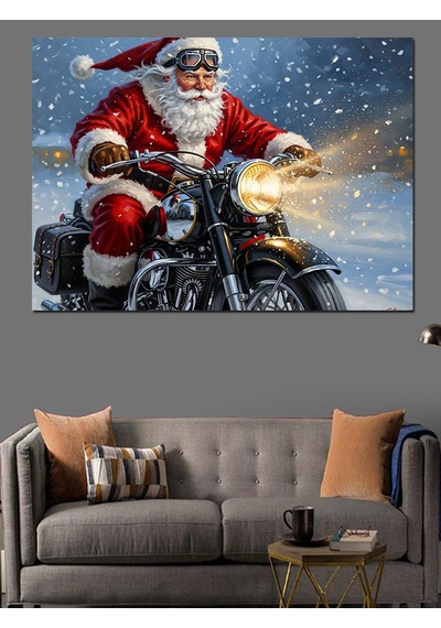 Motosiklet Süren Noel Baba Figürü Dekoratif Kanvas - Mdf Ahşap Tablo