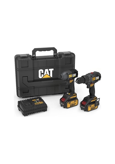 Cat DX12K.2 18Volt/4.0Ah Li-ion Çift Akülü Kömürsüz Profesyonel Şarjlı Darbeli Matkap + Dx71.2 Kömürsüz Darbeli Tornavida Kombo Set