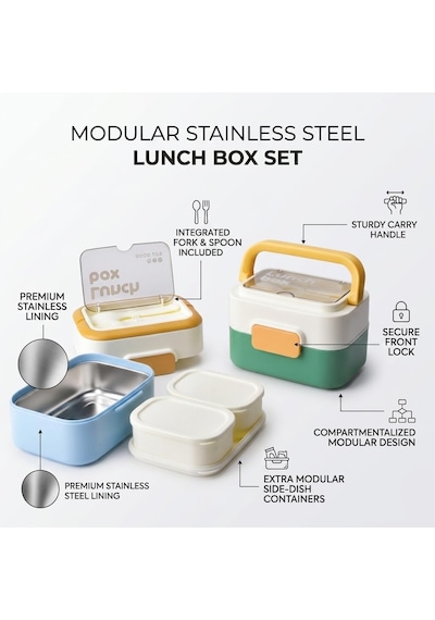 Deconox Paslanmaz Çelik Hazneli Kulplu Yemek Kabı 1010 Ml, Bölmeli Lunch Box Seti, Çatal Kaşık Dahil, Kilitli Kapaklı Taşıma Ve Saklama Kabı, Renkli Desenli