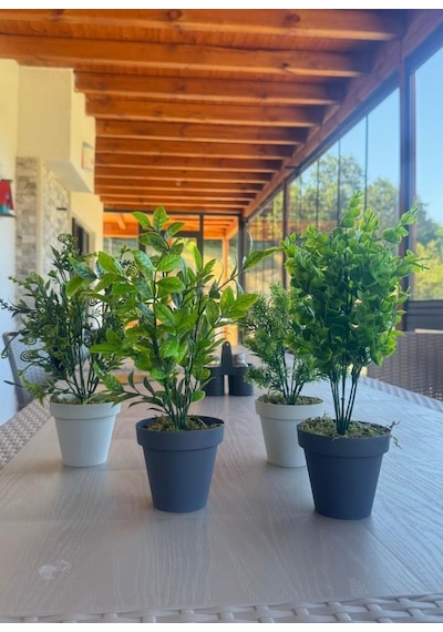 4lü Set Yapay Çiçek Mini Saksıda Yeşil Bitkiler 30cm