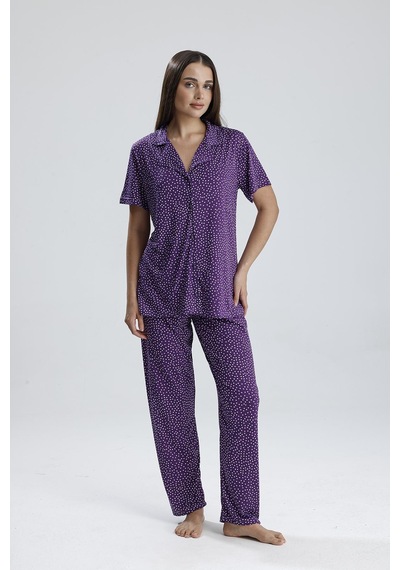 Kompedan Kadın Puantiye Desen Önden Düğmeli Pijama Takım Mor P. Mor