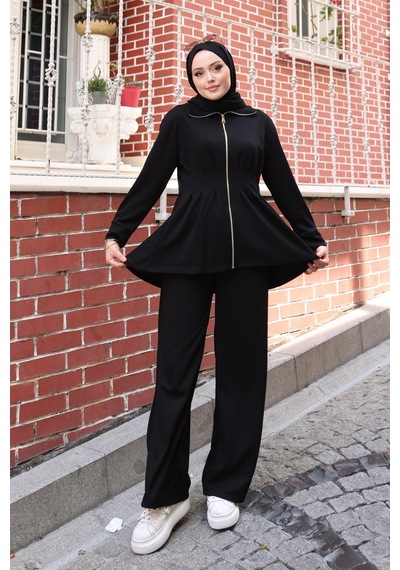 Balenbi Kadın Oversize Kesim Beli Pileli Ful Fermuarlı Modal Takım 1235 Siyah