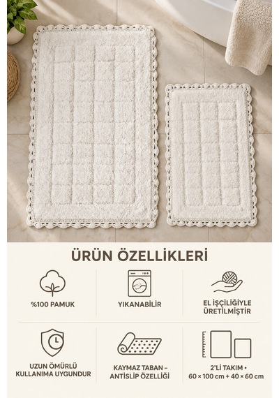 Alanur Bodrum Tufting Cotton Pamuklu El Işi Örgülü 2 Li Paspas 109 Ekru