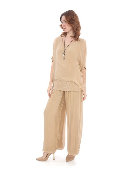 İtalyan Yarasa Kol Pul Payetli İpek Bluz Pantolon Takım Camel
