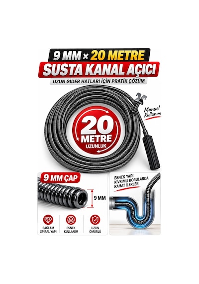 9 Mm 20 Metre Susta Kanal Açıcı Spiral Manuel Gider Açma Teli, Lavabo Mutfak Banyo Tıkanıklık Aç