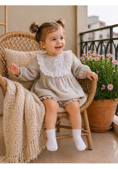 Babyhola Kız Bebek Çocuk Yazlık Elbise Müslin Önlüklü Şortlu Takım 22410 Bej