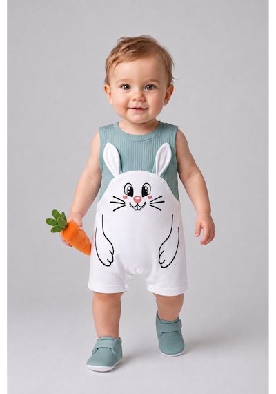 Babyden's Erkek Bebek Tavşan Desenli Yazlık Tulum Fitilli Pamuklu Kolsuz Bebek Tulumu Çıtçıtlı Romper 0-9 Ay Haki