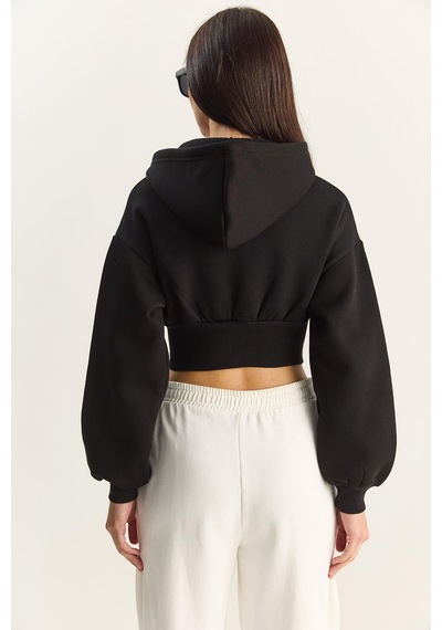 Shade Kadın Fermuarlı Kapüşonlu Belden Oturmalı Esnek Örme Crop Sweatshirt 60283858 - Siyah