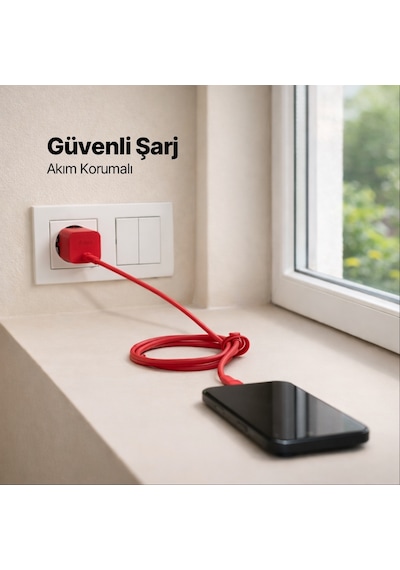 Ttec Smartcharger Gan 45W Avs PD Seyahat Hızlı Şarj Aleti + USB-C - USB-C 3A 120 CM Kablo Neon Kırmızı