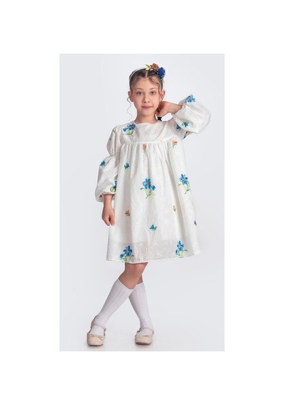 Mnk Baby & Kids Otantik Akdeniz Çiçek Nakışkız Çocuk Müslin Elbise M00706 Beyaz