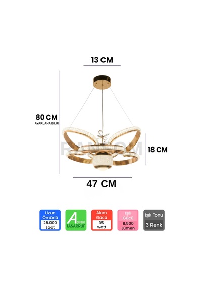 Ransom İthal Seri 3 Renk Kumandalı Saray Led Avize Toplu Kelebekli Rose Gold Kasa Salon Ledli Avize