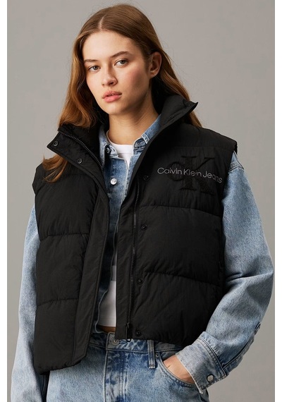 Calvin Klein Sport Full Zip Chenille Logo Puffer Vest Kadın Şişme Yelek Siyah Siyah