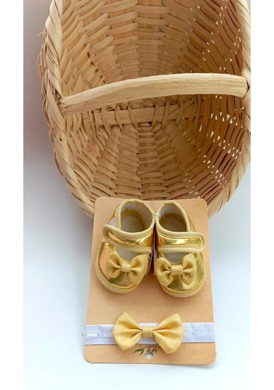 Kız Bebek Dore Altın Rengi Parlak Fiyonklu Patik Ve Bandana Set Altın