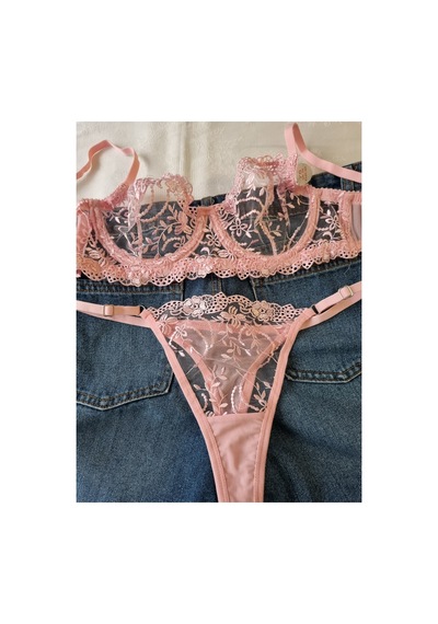 Demirsa Boutique Çiçek Desenli Dantelli Pembe Sütyen Ve Tanga, İç Çamaşır Takımı Pembe