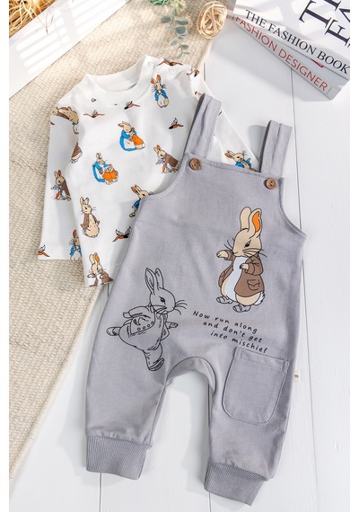Babymod Tavşan Fiğürlü 2'li Erkek Bebek Salopet Tulum Gri