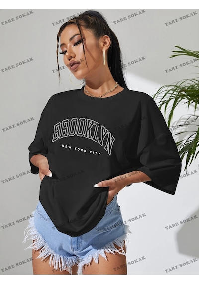 Adrift Brooklyn Baskılı Oversize Kalıp Unisex T-shirt Siyah