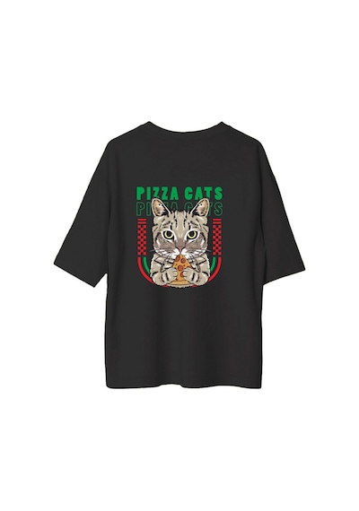 Paybuy Kadın Oversize Kedi Pizza Baskılı Kısa Kollu Rahat Kesim Grafik T Siyah
