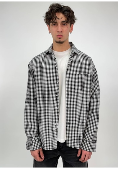 Zaee 404 Baskılı Kareli Oversize Gömlek siyah