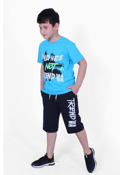 Fyk Kids Kind Nes-trend Wa Yazı Baskılı Erkek Çocuk Kapri Takım Turkuaz