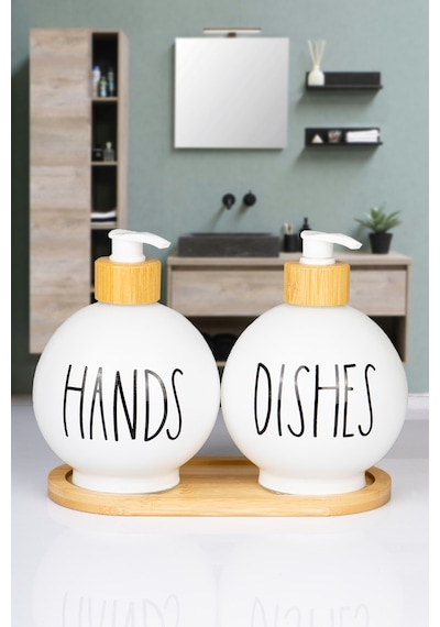 2'li Bambu Altlıklı Bambu Pompalı Tombul Cam Sabunluk Deterjanlık 350 Ml Beyaz