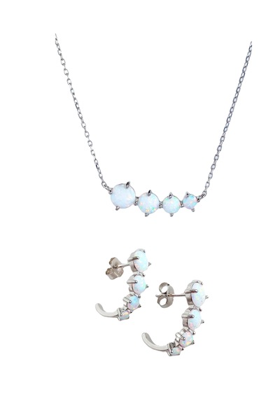 Luna Luster 925 Ayar Gümüş Beyaz Opal Doğal Taşlı Kolye Küpe Kadın Set Sevgililer Günü Hediye Beyaz