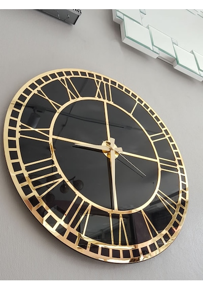 Ayna Denizi Golden Roma Model Altın Siyah Renk 50 Cm Dekoratif Aynalı Duvar Saati Siyah