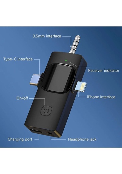 Plentiful Kablosuz Tekli Yaka Mikrofonu 3.5mm Aux Apple Uyumlu iPhone Type-c Pc Tablet Video Ses Kayıt Vlog Usb C Ve Amfi Siyah
