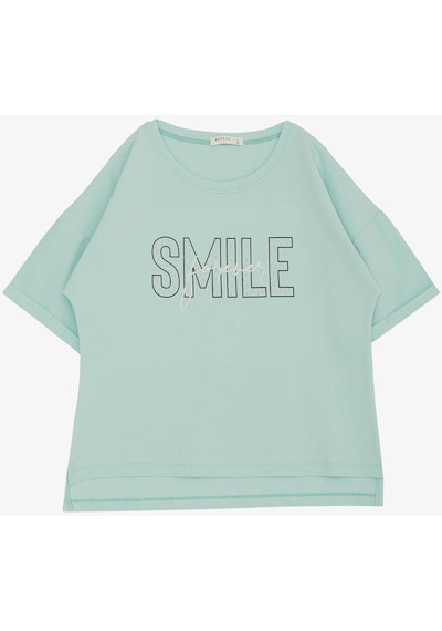 Breeze Kız Çocuk Tişört Smile Yazı Baskılı Taşlı 9-16 Yaş, Su Yeşili Su Yeşili