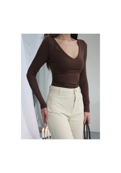 Paw Garage Kadın V Yaka Polyamid Bodysuit Kahverengı