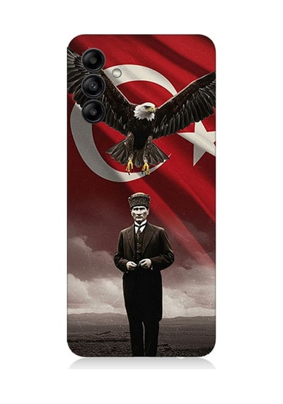 Samsung Galaxy A55 Uyumlu Kartal Bayrak Ve Mustafa Kemal Atatürk Desenli Silikon Kılıf Çok Renkli