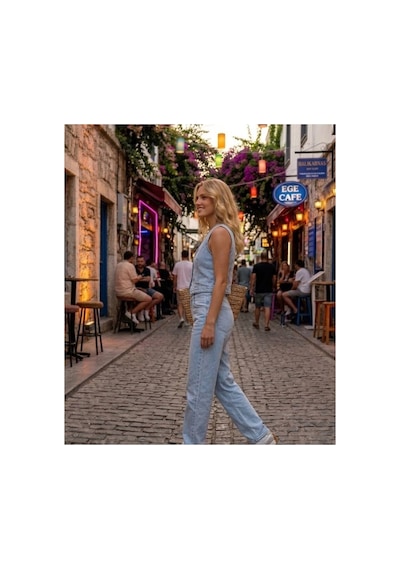 Zdnjeans Kadın Buz Mavi Denim İkili Takım Kolsuz Crop Bluz & Bol Paça Pantolon