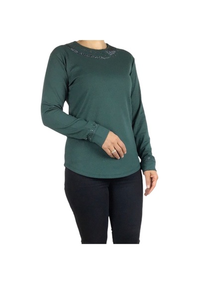 Kadın Yakası Ve Kolları Taşlı Spor Bluz Mint Yeşili