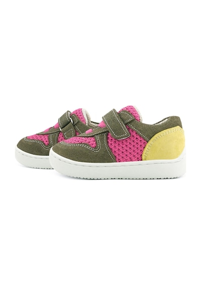 Rakerplus Bob Hakiki Deri Haki Yeşil Pembe Barefoot Cırtlı Lastikli Bebek Sneaker Ayakkabı Haki