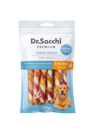 Dr.sacchi Premium Tavuk Sargılı Çift Renkli Sığır Derisi Burgu Çubuk Tahılsız Köpek Ödülü 5" 12 Gr 10'lu
