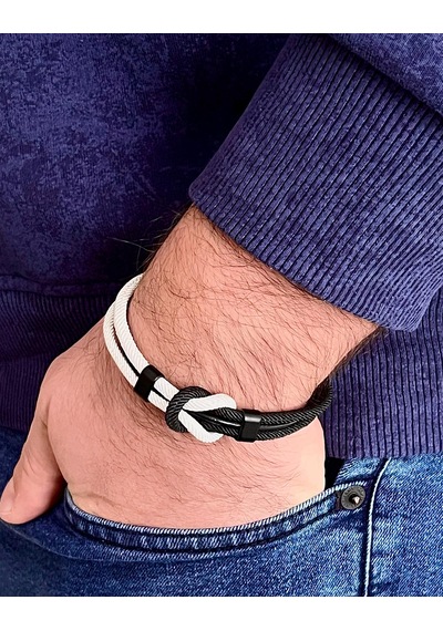 Çift Renkli El Yapımı Taraftar Bilekliği Makrome-%100 Deri Kombin Unisex Bileklik Net 21 Cm Siyah - Beyaz