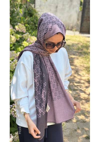 Miorel Scarfs İnce Kumaş G Desen Pamuklu Şal Yün İpek Şal 4 Mevsim Çift Taraflı Lila