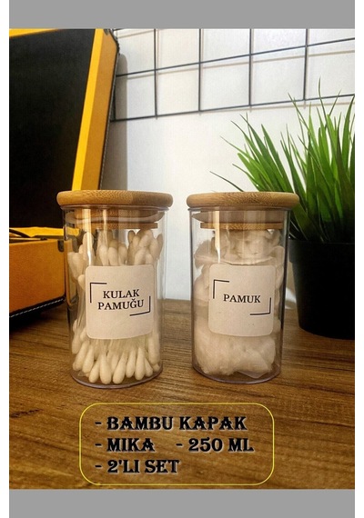 Ahşap Vakumlu Bambu Kapaklı Kulak Pamuğu Ve Pamuk Kavanozu Cam 2 Li Set Şeffaf