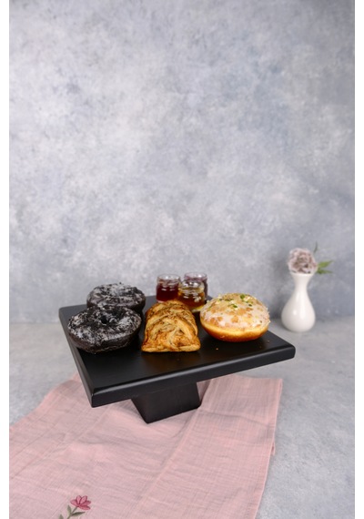 Justwood Piramit Siyah 25x25 Cm Ahşap 10 Cm Ayaklı Kare Pasta Sunum Servis Tabağı Siyah
