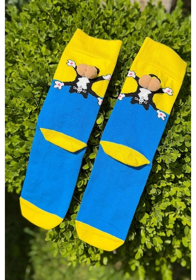 Lousocks Unisex Sarı Mavi Renk Bloklu Kedi Desenli Ponpon Soket Çorap