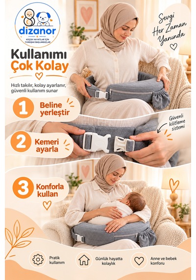 Dizanor Ayarlanabilir Kemerli Çok Amaçlı Emzirme Minderi Fermuarlı Yıkanabilir Kılıf 56x50x11 Cm - Gri