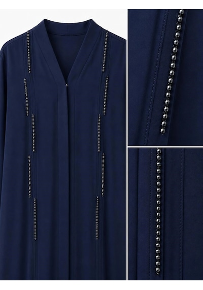 Nazzain Lacivert Dubai İpeği Minimal Taş Detaylı Abaya Çok Renkli