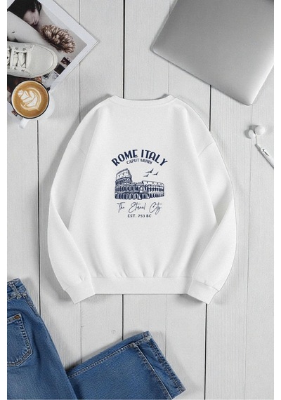 Uyguntarz Unisex Rome Itally Tasarım Baskılı Bisiklet Yaka Sweatshirt beyaz