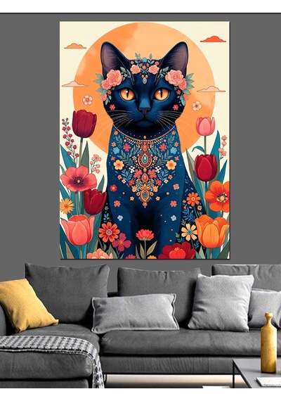 Ahşap Tablo Çiçek Desenli Mistik Kedi